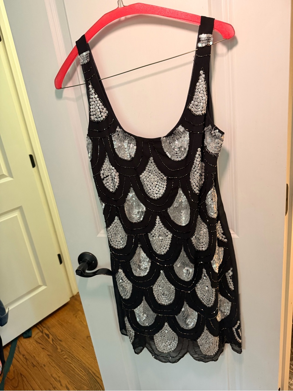 Aqua Black Mini Dress with Silver Sequin Scallop Pattern